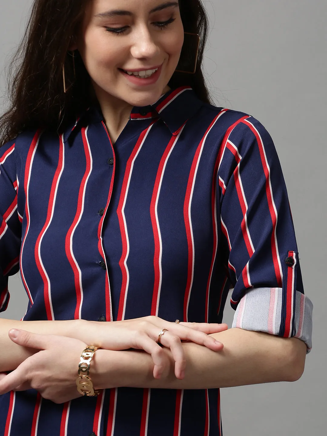 Women Blue Striped Longline Shirt
