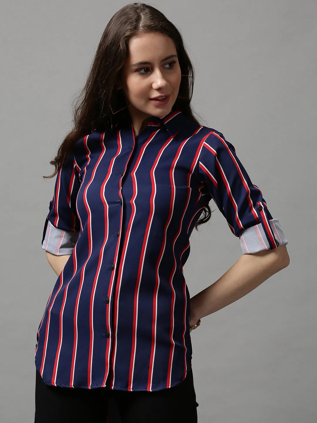 Women Blue Striped Longline Shirt