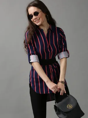 Women Blue Striped Longline Shirt