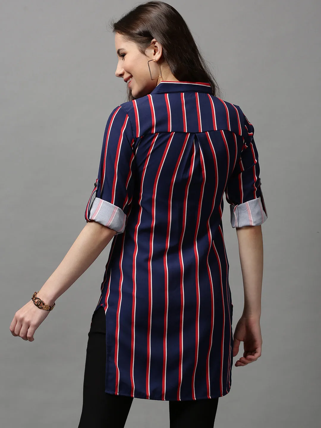 Women Blue Striped Longline Shirt