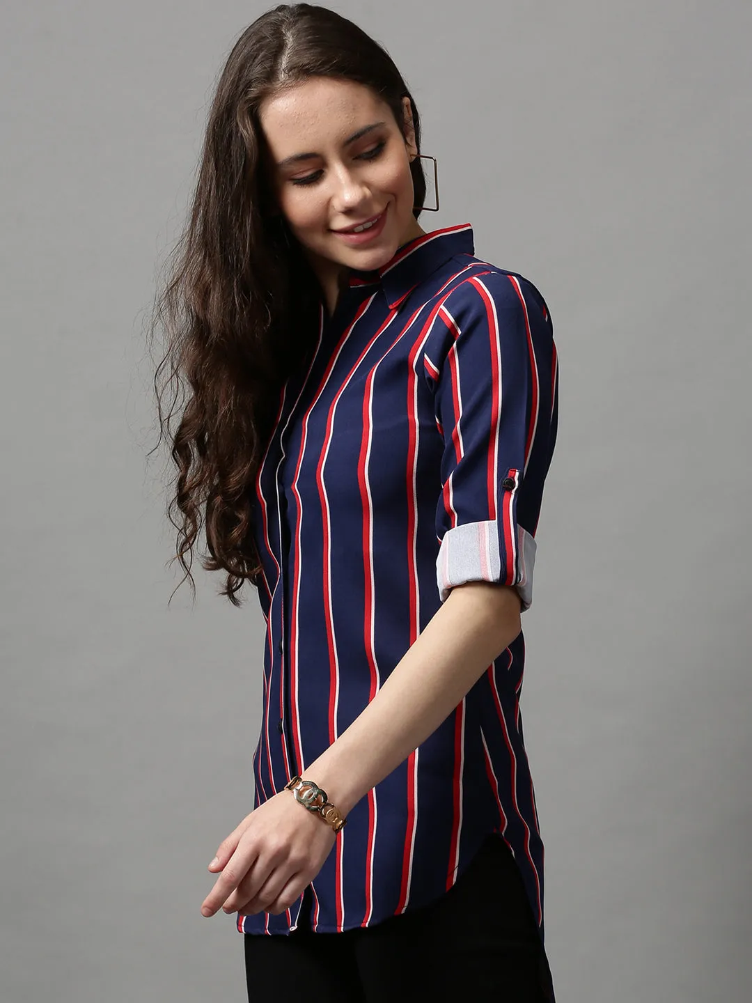 Women Blue Striped Longline Shirt