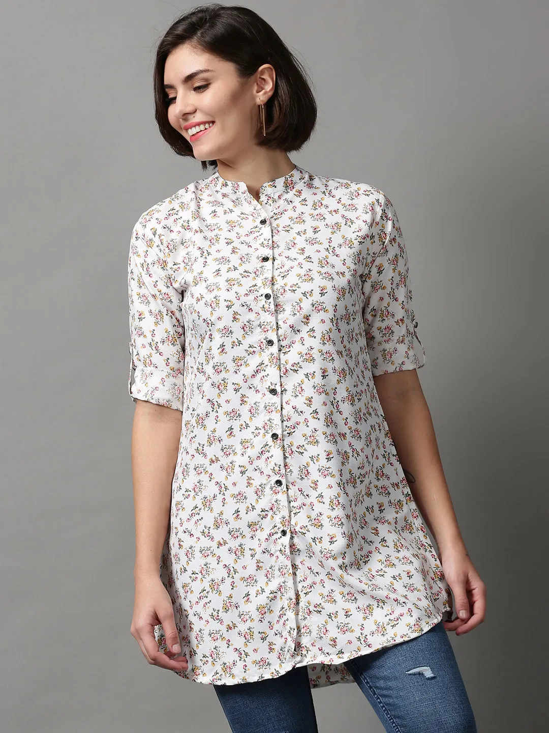 Women White Printed Longline Shirt