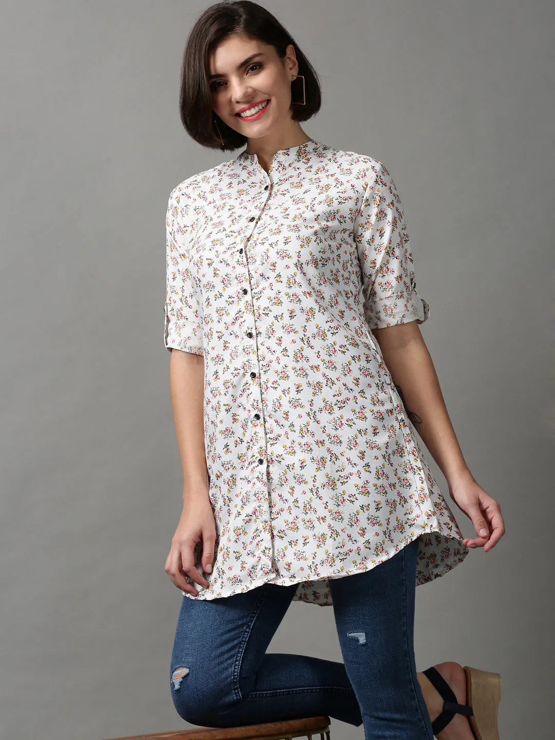 Women White Printed Longline Shirt
