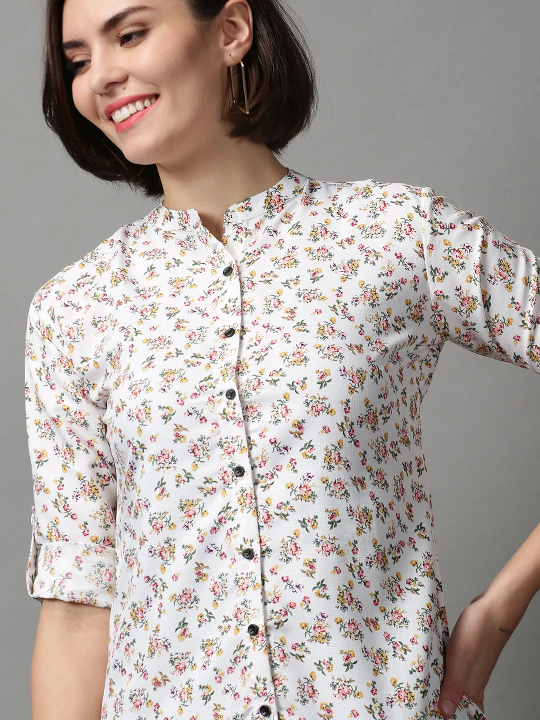 Women White Printed Longline Shirt