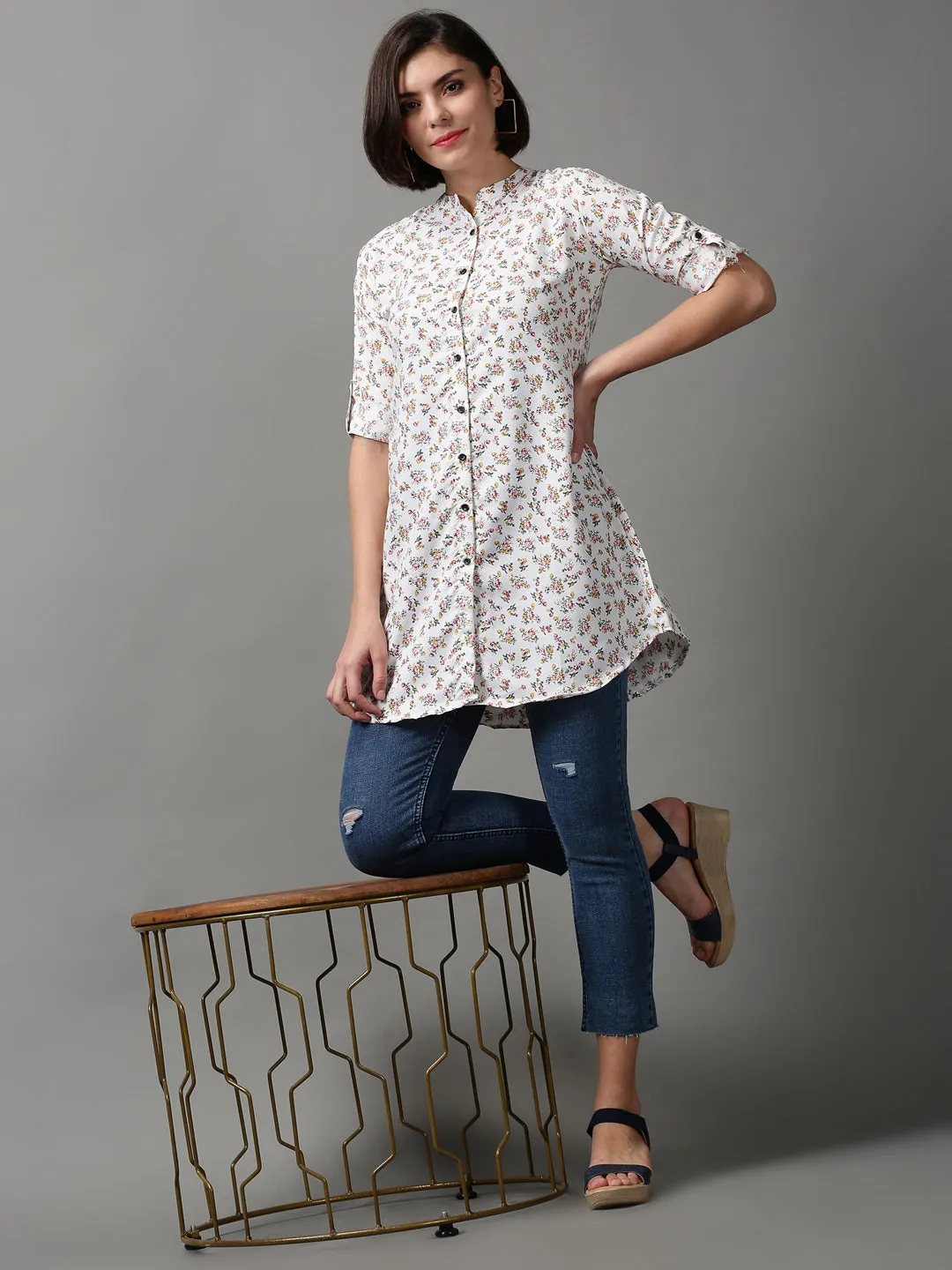 Women White Printed Longline Shirt