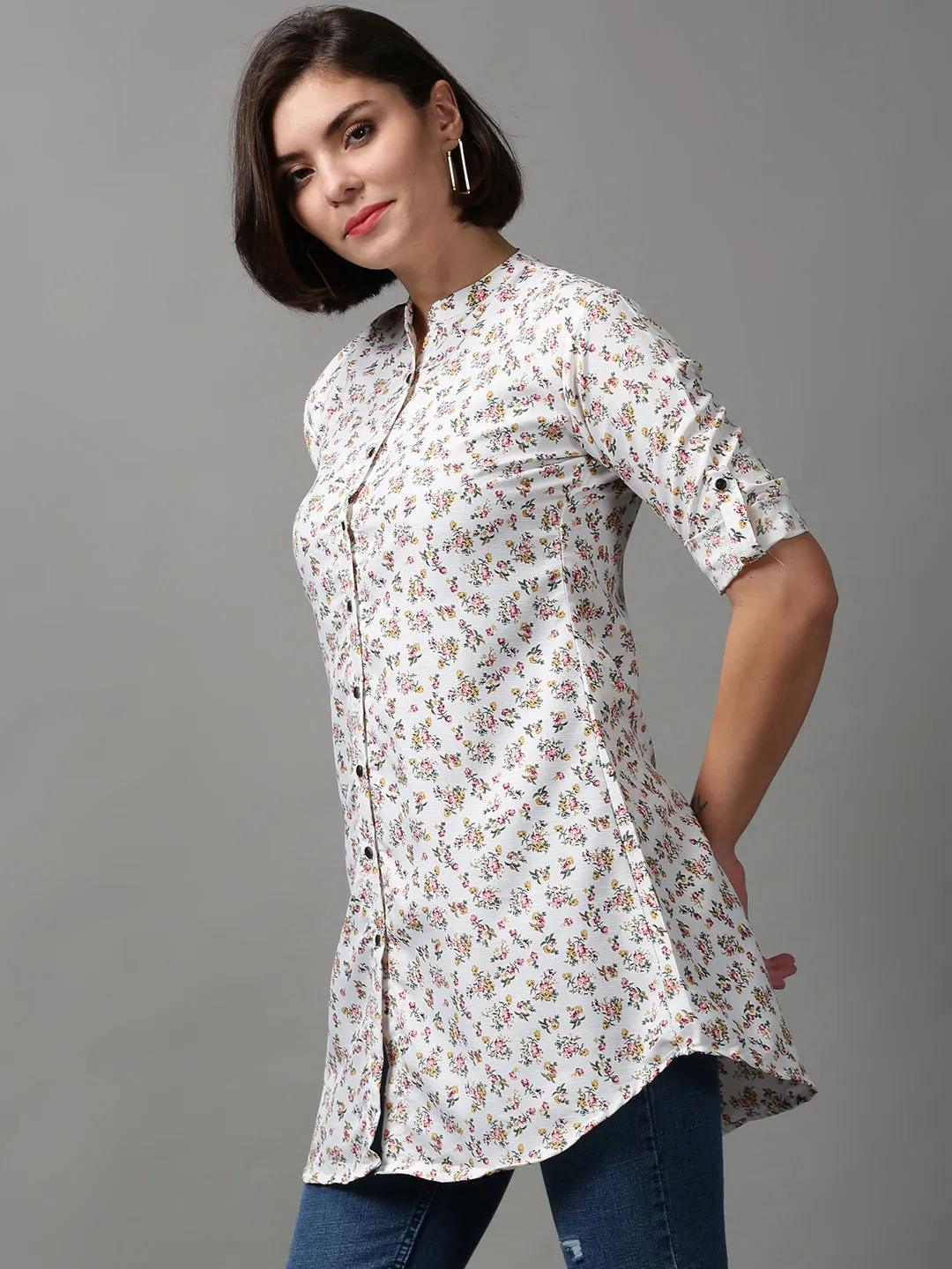 Women White Printed Longline Shirt