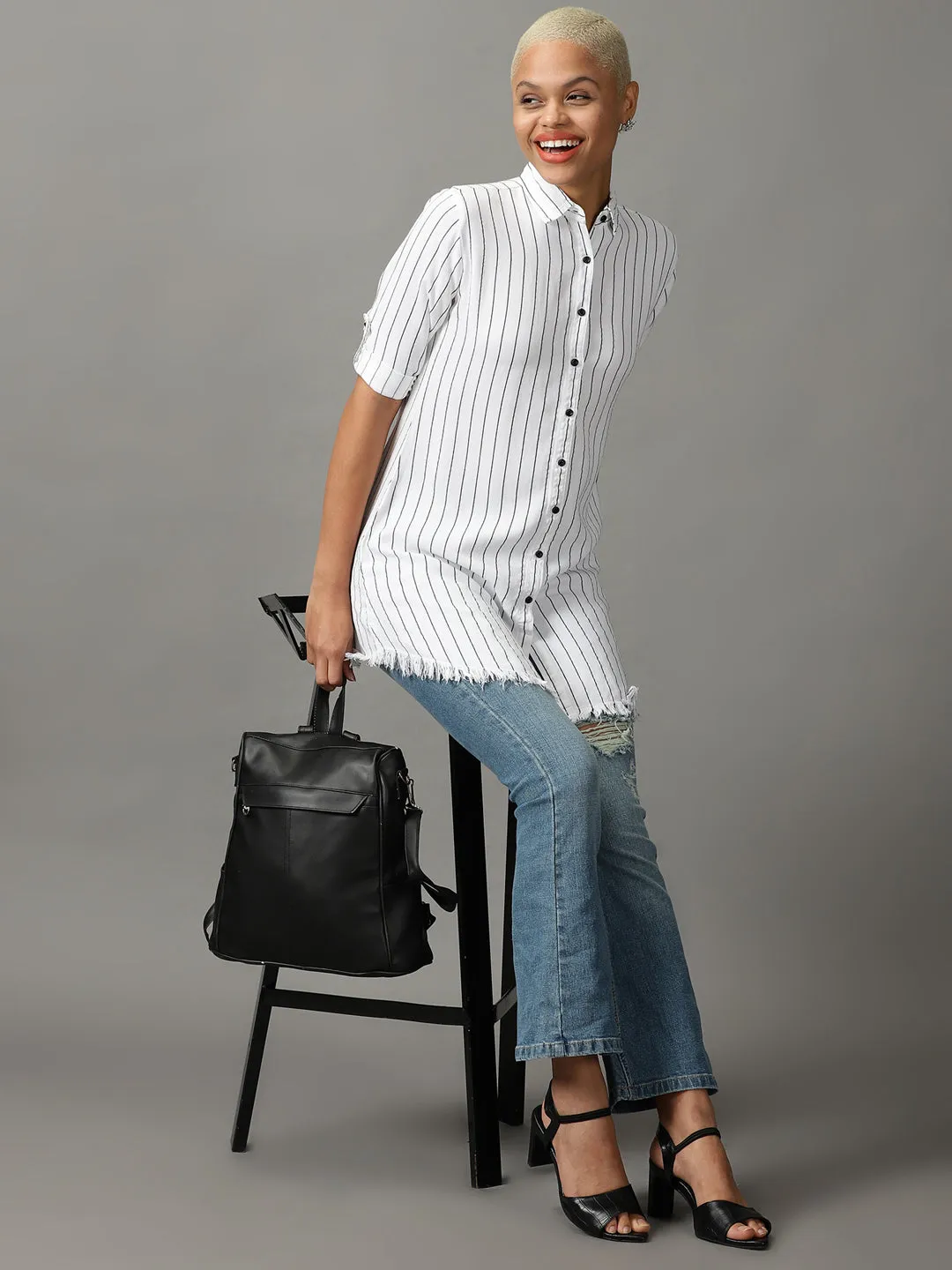 Women White Striped Casual Longline Shirt