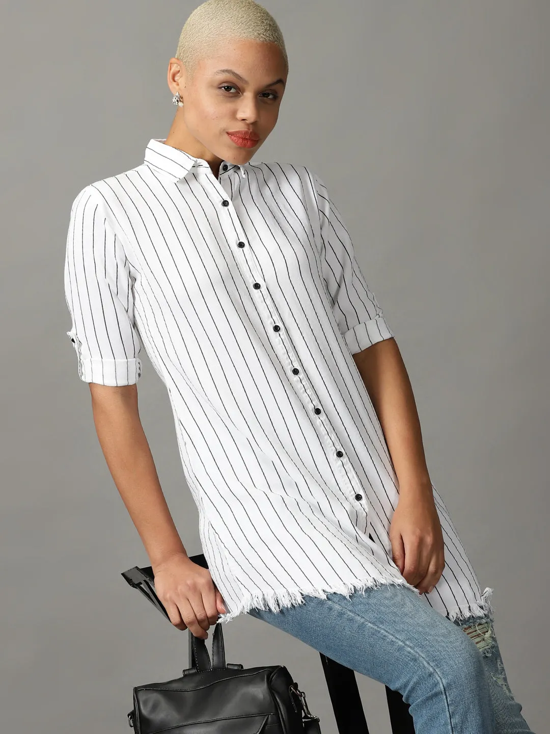 Women White Striped Casual Longline Shirt