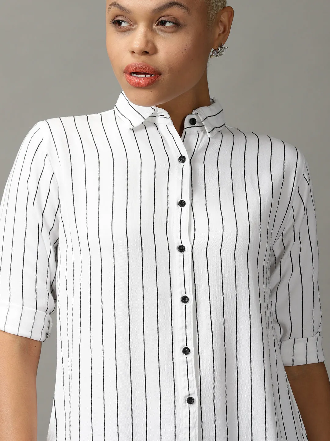 Women White Striped Casual Longline Shirt
