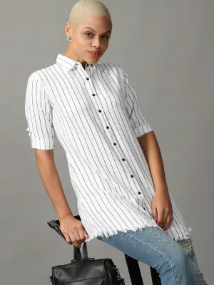 Women White Striped Casual Longline Shirt