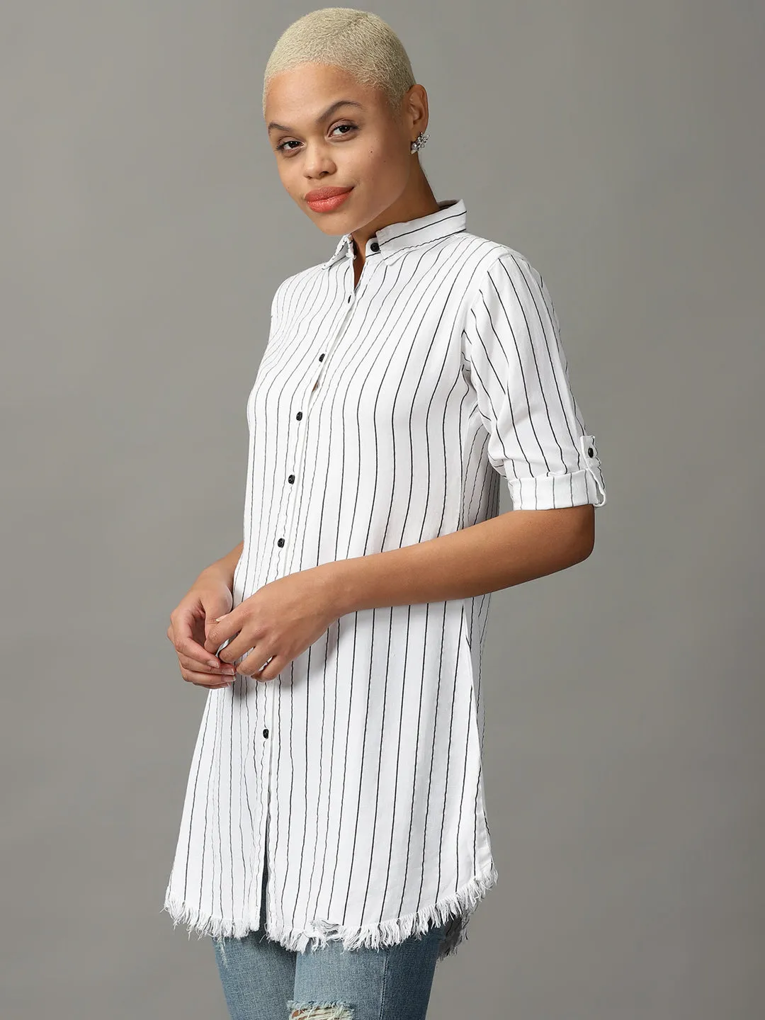 Women White Striped Casual Longline Shirt