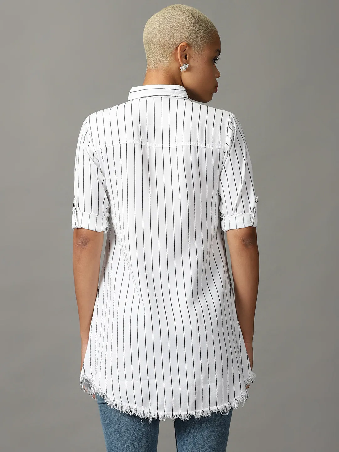 Women White Striped Casual Longline Shirt