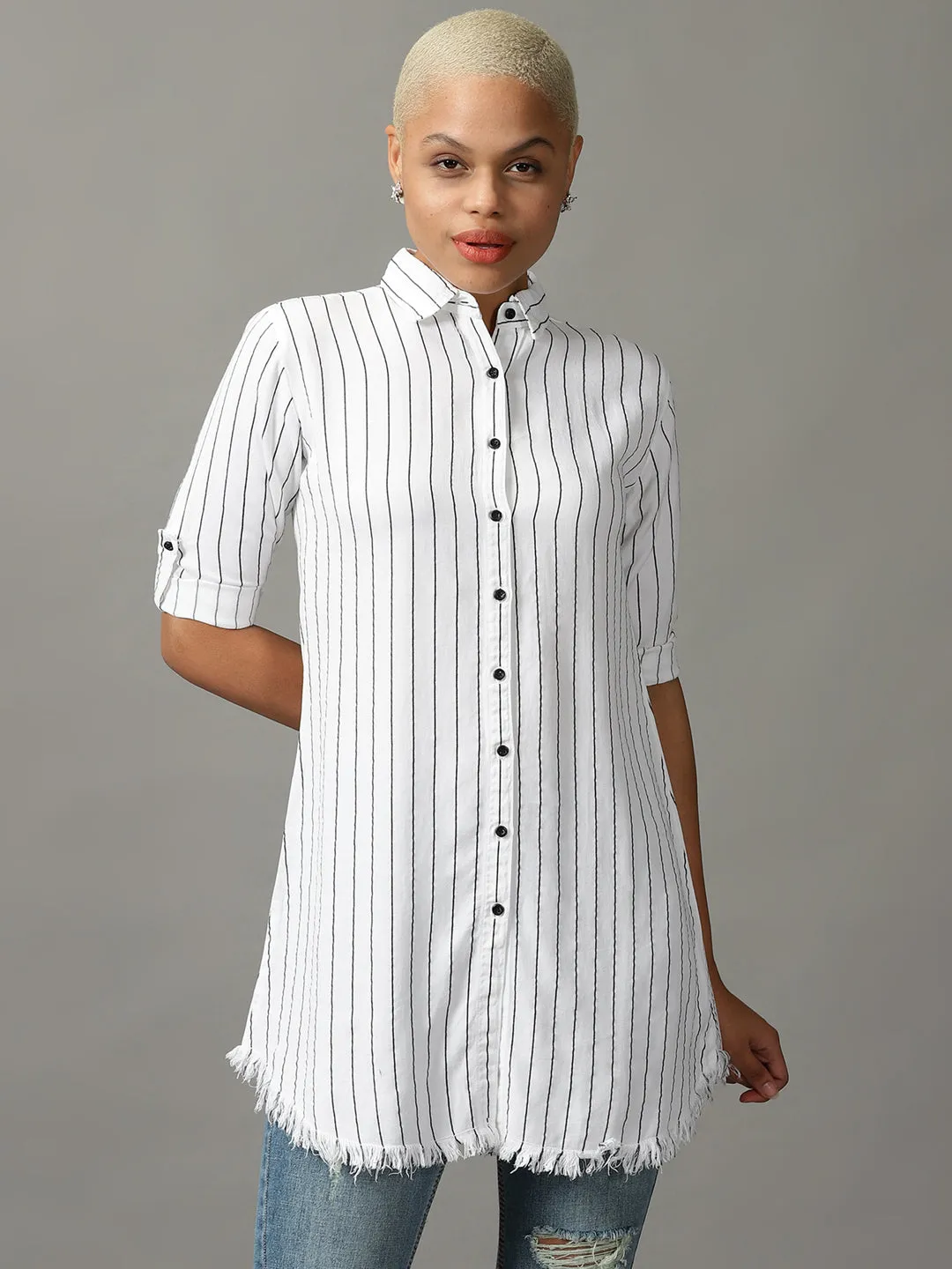 Women White Striped Casual Longline Shirt