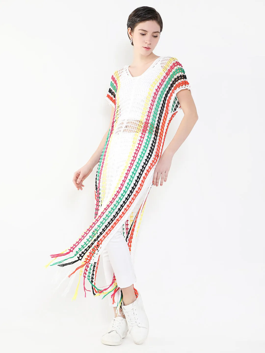 Women White V-Neck Short Sleeves Sheer Straight Maxi Dress