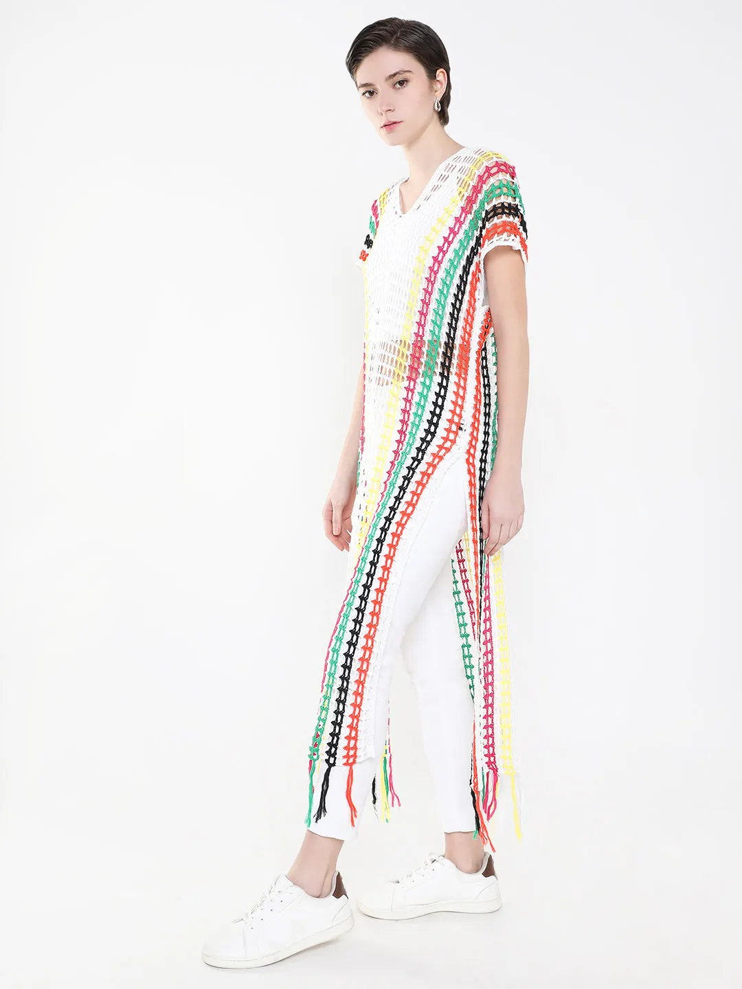 Women White V-Neck Short Sleeves Sheer Straight Maxi Dress