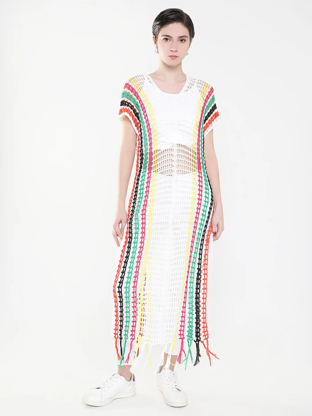 Women White V-Neck Short Sleeves Sheer Straight Maxi Dress