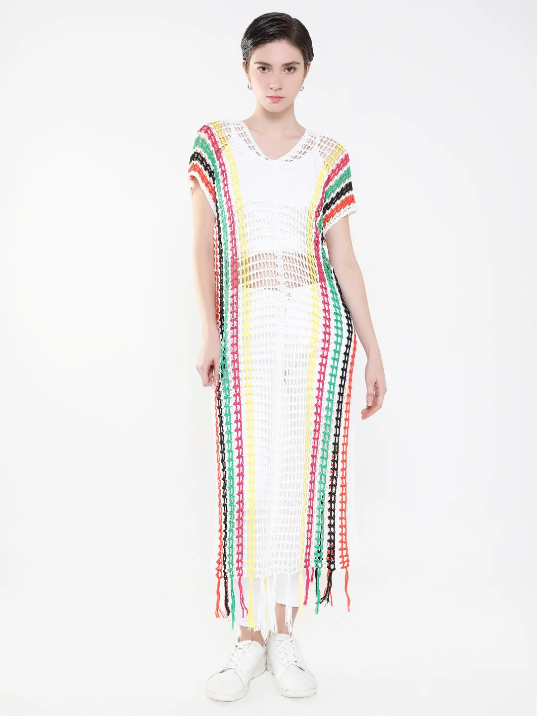 Women White V-Neck Short Sleeves Sheer Straight Maxi Dress