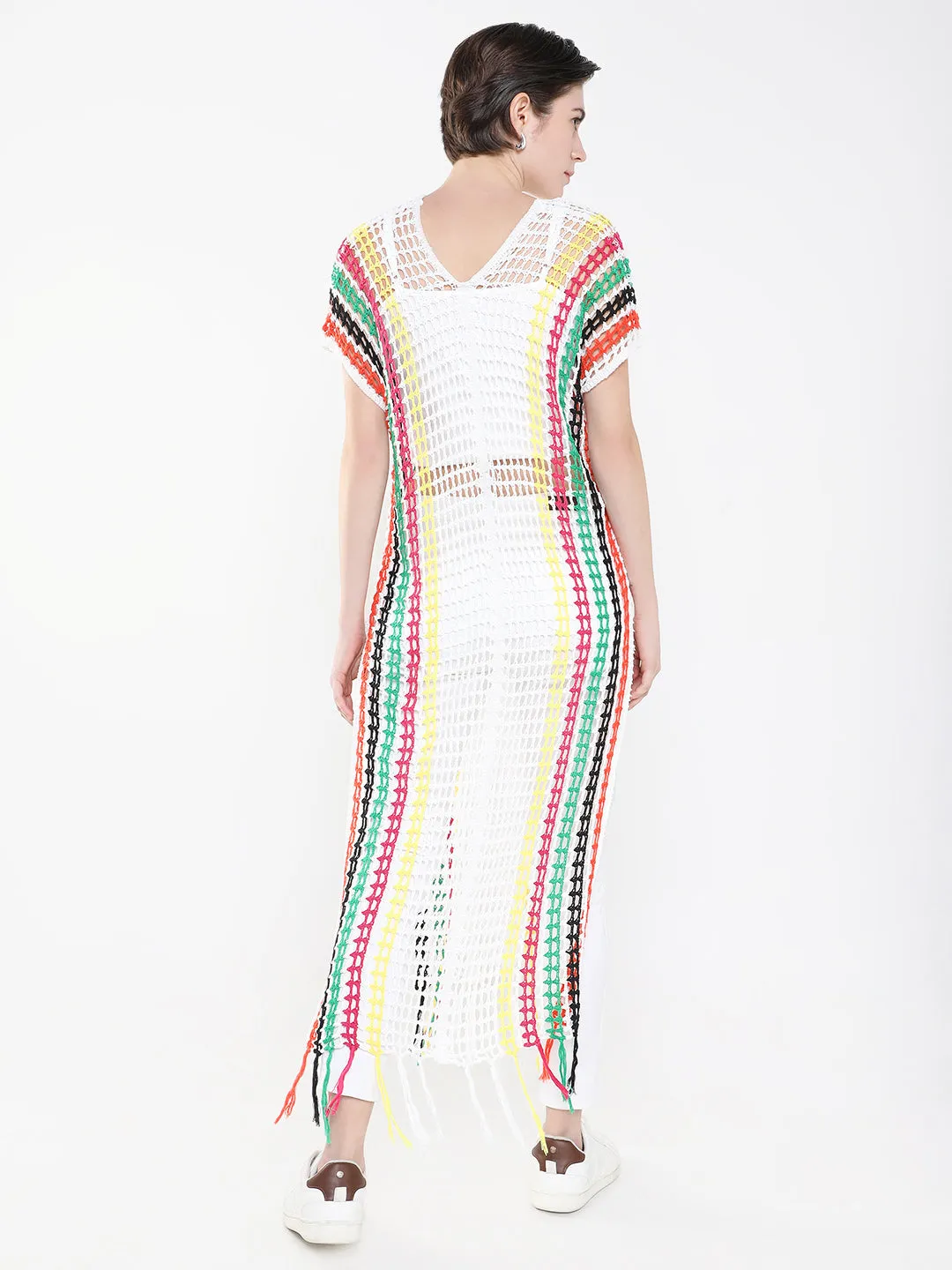 Women White V-Neck Short Sleeves Sheer Straight Maxi Dress