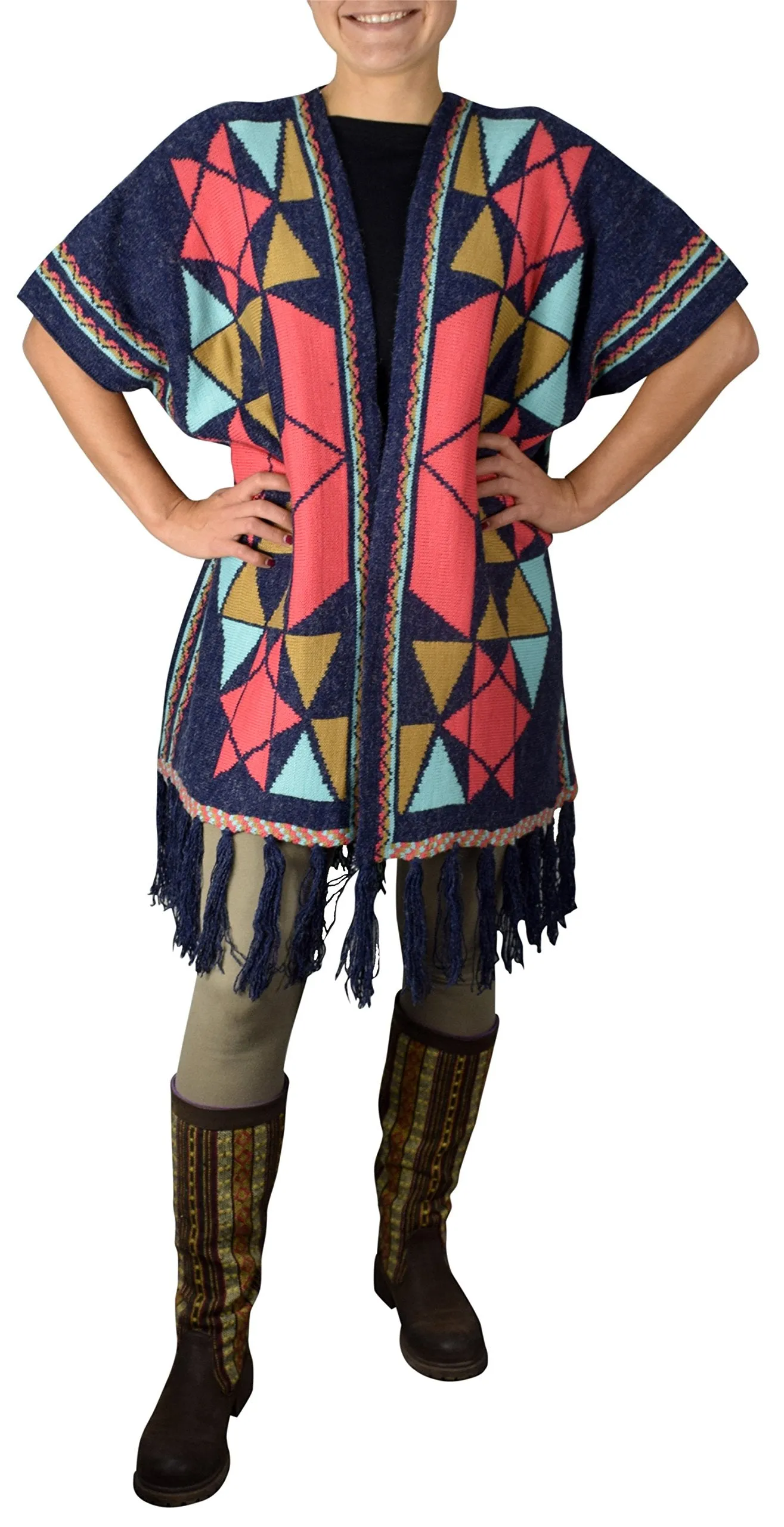 Womens Argyle Thick Knit Winter Cardigan Sweater Poncho With Fringes