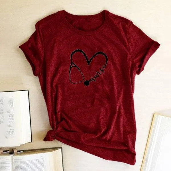 Women's Fashion Heart Graphic Print Short Sleeve T-Shirt