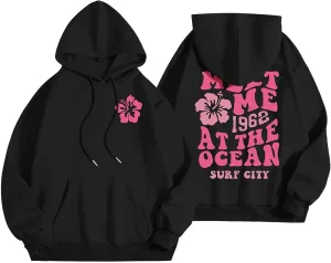 Women's Plain Basics Hoodies Oversized Brushed Letters Loose Fit Hooded Sweatshirts Long Sleeves Pockets