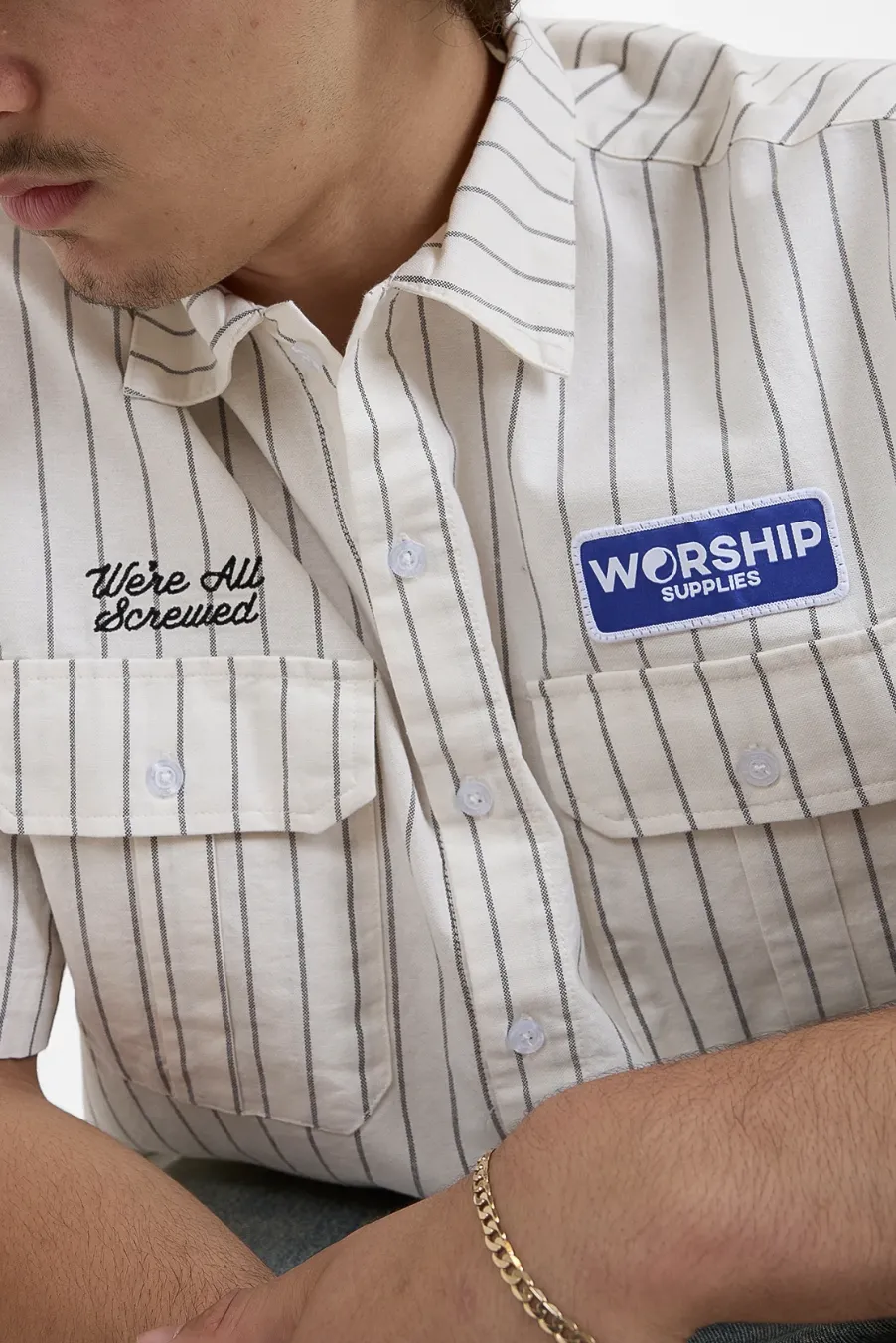 WORSHIP SUPPLIES SCREWED S/S BUTTON UP SHIRT - BONE STRIPE