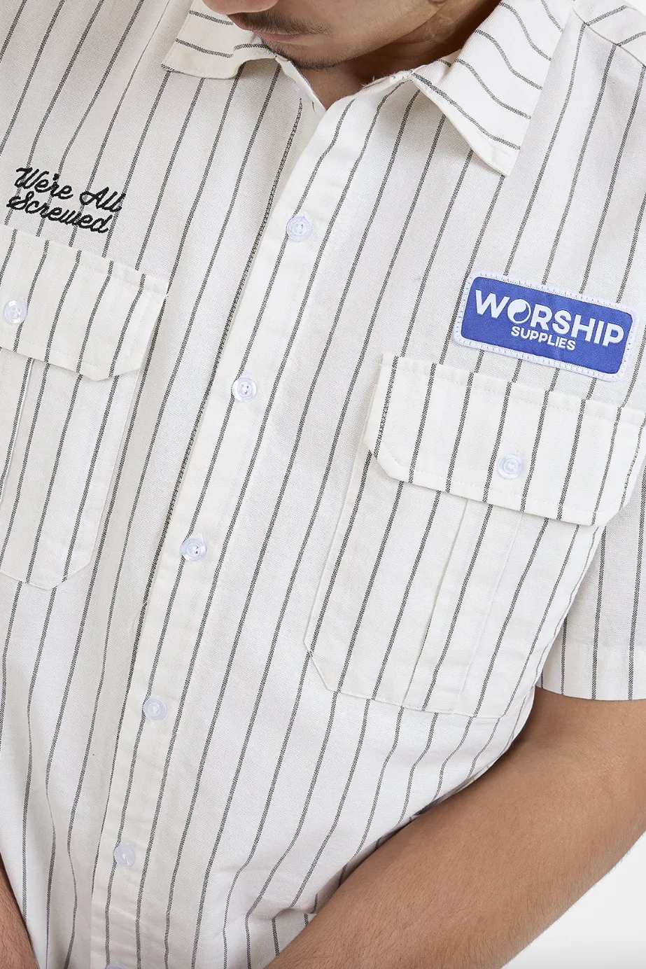 WORSHIP SUPPLIES SCREWED S/S BUTTON UP SHIRT - BONE STRIPE