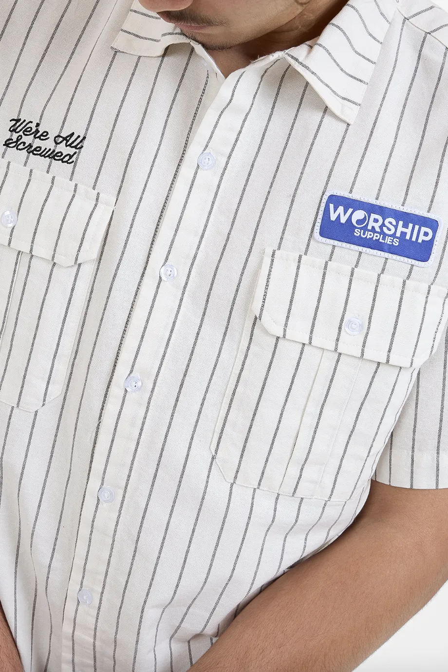 WORSHIP SUPPLIES SCREWED S/S BUTTON UP SHIRT - BONE STRIPE