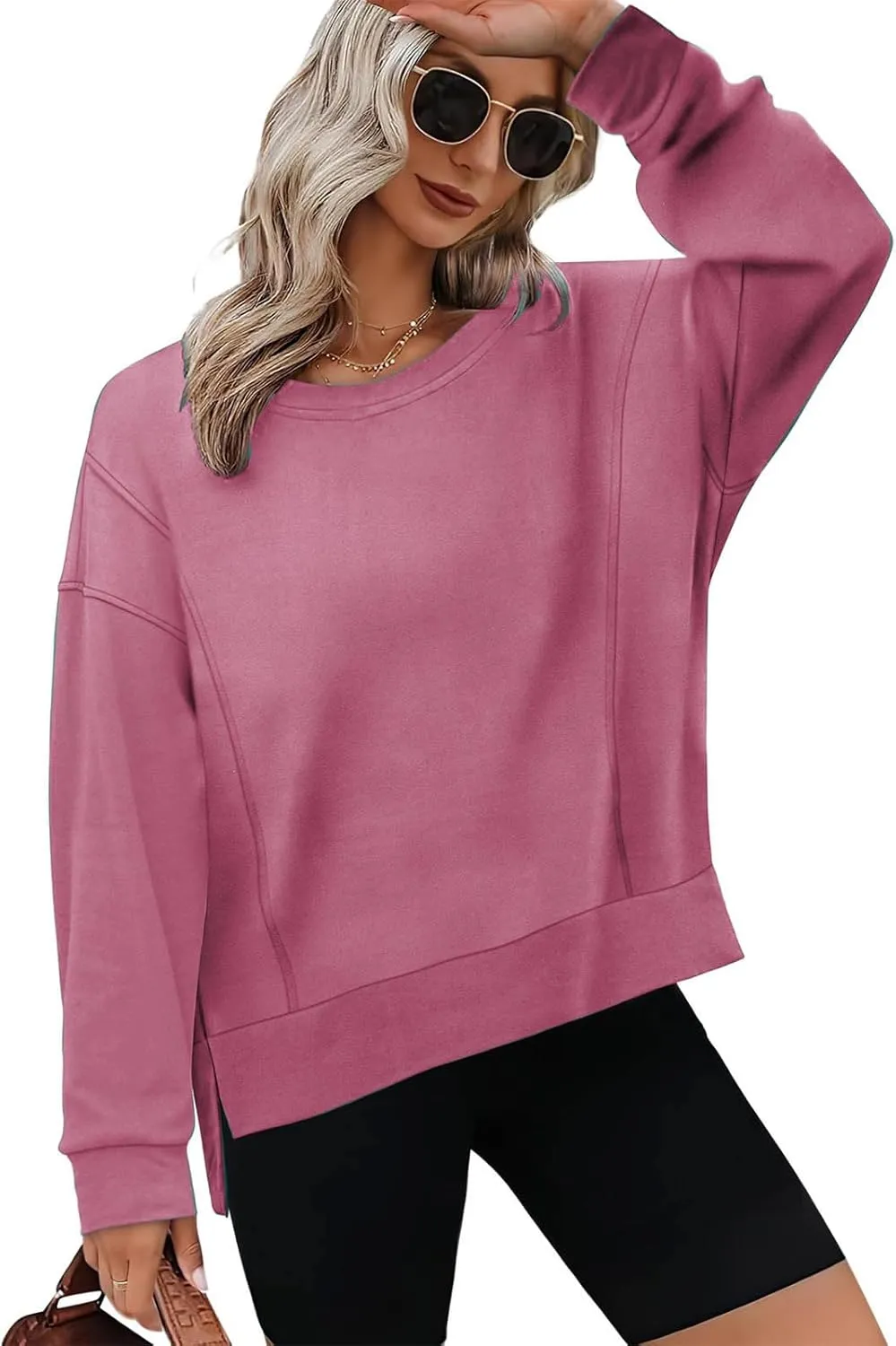 ZDRZK Crewneck Sweatshirts Women Casual Loose Lightweight Thin Fall Outfits Tops Split High Low Hem Long Sleeve Clothes