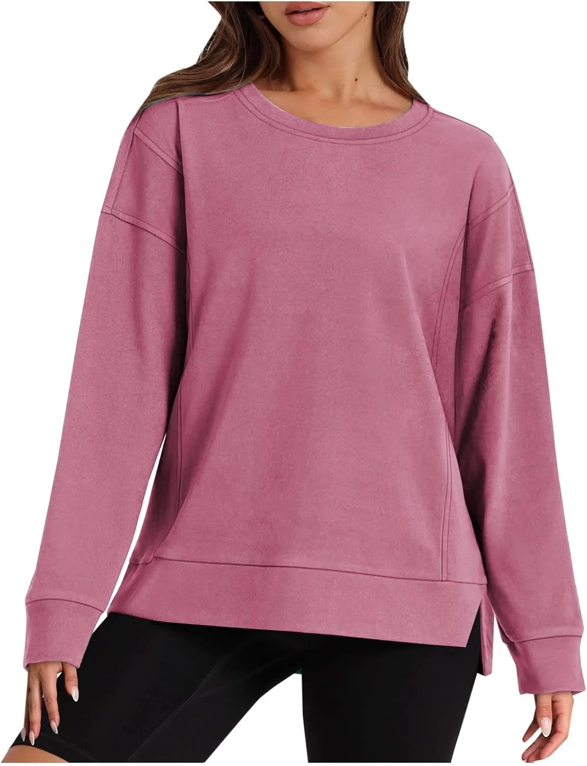 ZDRZK Crewneck Sweatshirts Women Casual Loose Lightweight Thin Fall Outfits Tops Split High Low Hem Long Sleeve Clothes