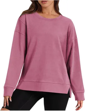ZDRZK Crewneck Sweatshirts Women Casual Loose Lightweight Thin Fall Outfits Tops Split High Low Hem Long Sleeve Clothes