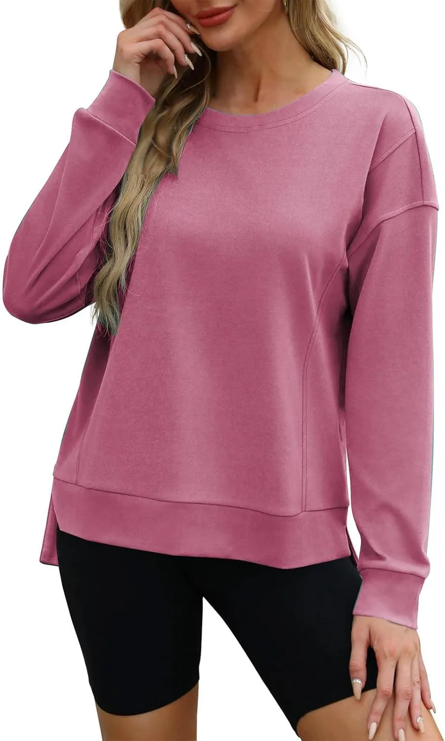 ZDRZK Crewneck Sweatshirts Women Casual Loose Lightweight Thin Fall Outfits Tops Split High Low Hem Long Sleeve Clothes